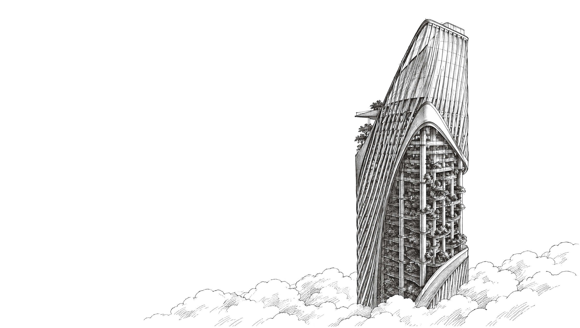 Hand-drawn ink illustration of the tower rising above the clouds